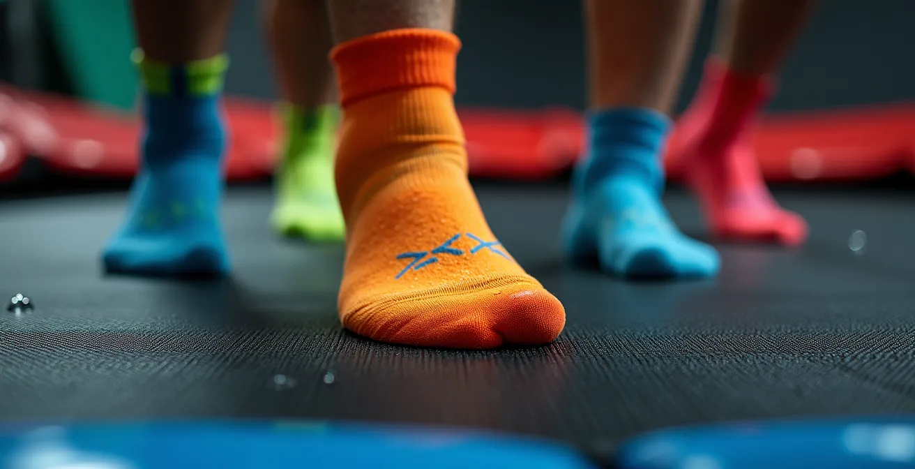 Gros plan sur des chaussures de sport colorées en contact avec la toile élastique d'un trampoline