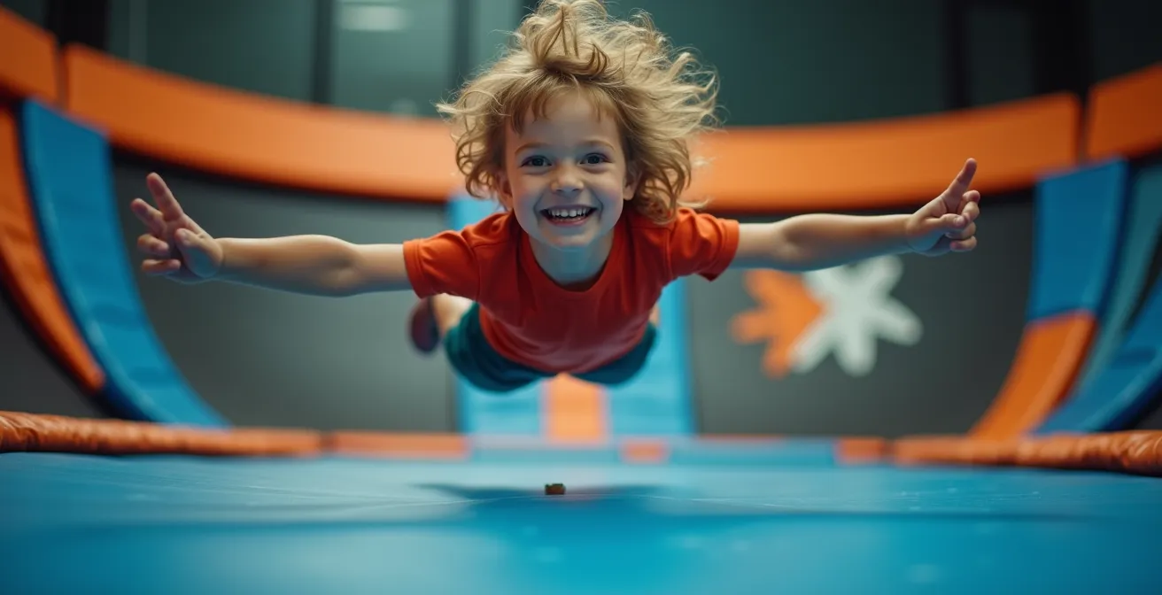 Enfant en suspension dans les airs au-dessus d'un trampoline, corps en rotation