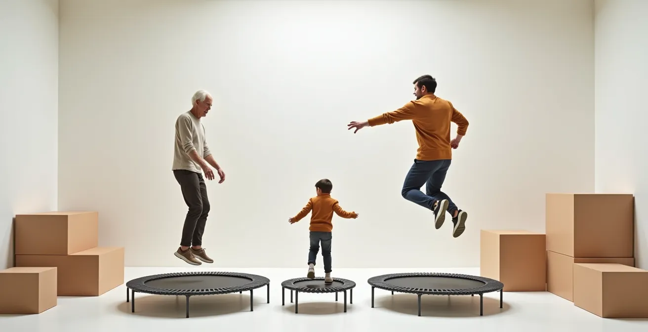 Grand-parent, parent et enfant sautant simultanément à des hauteurs différentes sur trampolines adjacents